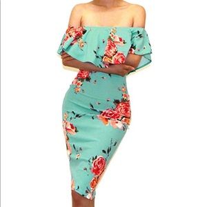 Off shoulder baby blue floral dress